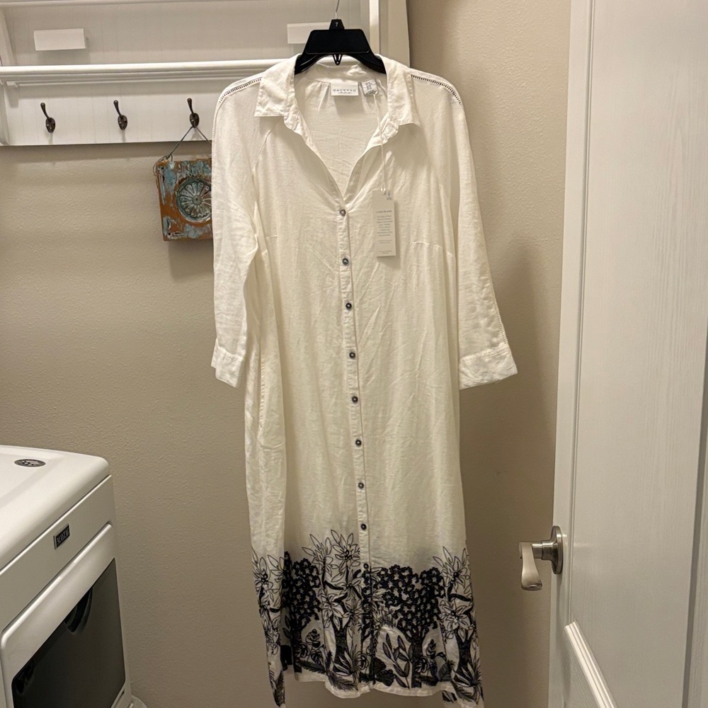Calypso St. Barth White Maxi Shirt Dress with Black Floral Border